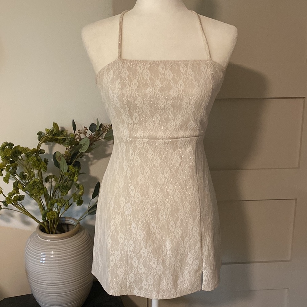 White/Beige Open Back Sparkle Lace Mini Dress